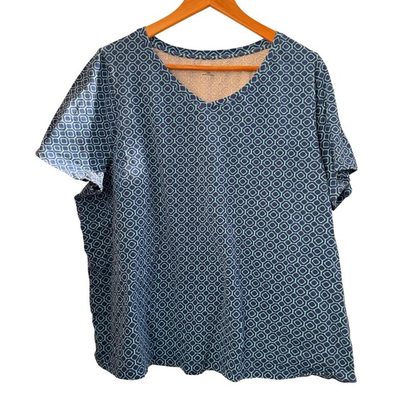 Catherines Tops - Catherines Geometric V-Neck Top 1XWP Blue Office Travel Business Casual Plus Sze